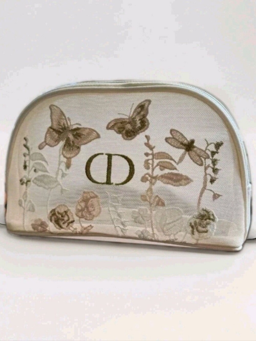 Dior Embroidered Butterfly Cosmetic Pouch - Cream & Gold and Gift Bag GWP